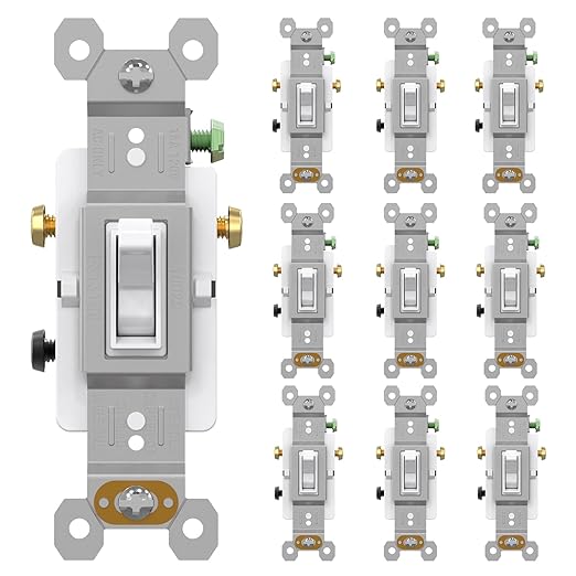 AIDA 15 Amp 3 Way Quiet Indoor Toggle Switch Self-Grounding ON Off Toggle, Residential Grade, UL Listed, Quickwire Push-in & Side Wired (White, 10 Pack)