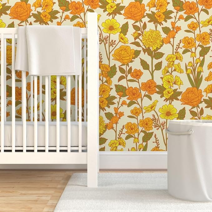 Spoonflower Retro Floral Yellow Peel and Stick Removable Wallpaper | Roll 24" x 144" | Orange Green 1970S Flowers Botanical | Self-adhesive, removable and renter-friendly