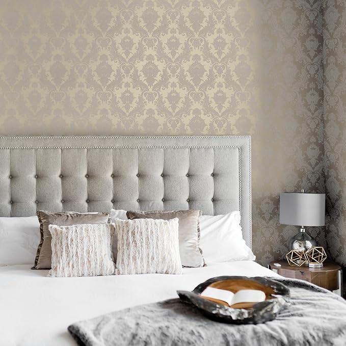 Tempaper Textured Beige Damsel Removable Peel and Stick Damask Wallpaper, 20.5 in X 16.5 ft, Made in the USA
