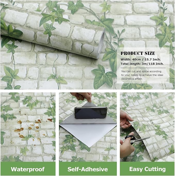 Peel and Stick Wallpaper Brick Wall Paper Green leaves3D BrickStone Self Adhesive Removable Contact Paper Brick Textured Vintage Wallpaper Decorative Wall Classroom Covering15.7 x118