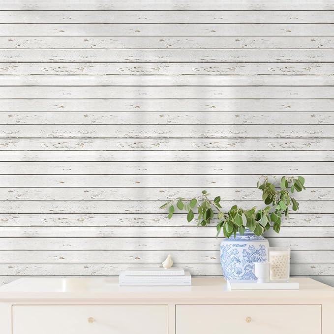 COMSTICKC Peel and Stick Faux Wood Wall Panels Shiplap Wall Sticker, 10 Pcs of 12" x 12", Ultra-Light Thin PVC 3D Fake Wood Adhesive Wall Covering Wallpaper Interior Decor, Vintage White Grain