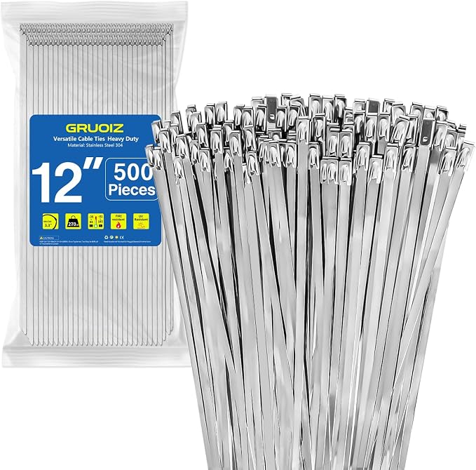 500Pack Stainless Steel Cable Zip Ties 12 inch 304 Metal Cable Ties with 270lbs Tensile Strength Heavy Duty Zip Ties for Farms Pipes Roofs Workshop Outdoor Fence Use