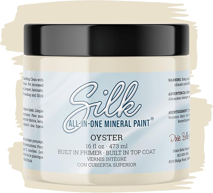Dixie Belle Silk All-in-One Mineral Paint - Oyster (16oz) - Cream Grey Water Based Built-In Primer + Topcoat for Wood + Metal - Durable Furniture Paint - Low Reflective Finish