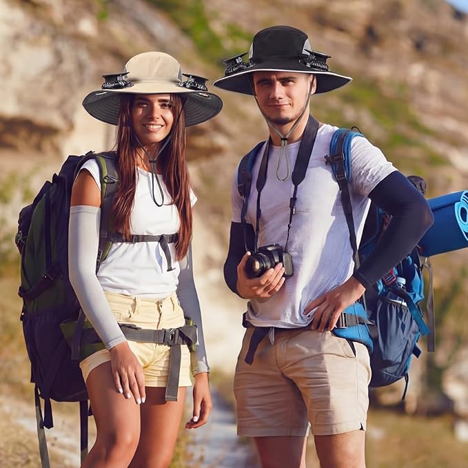 Glitopper 2 Set Wide Brim Solar Fan Hats with 2 Solar Fan and Arm Sleeves Set Outdoor Fishing Bucket Hat for Men Women Hiking