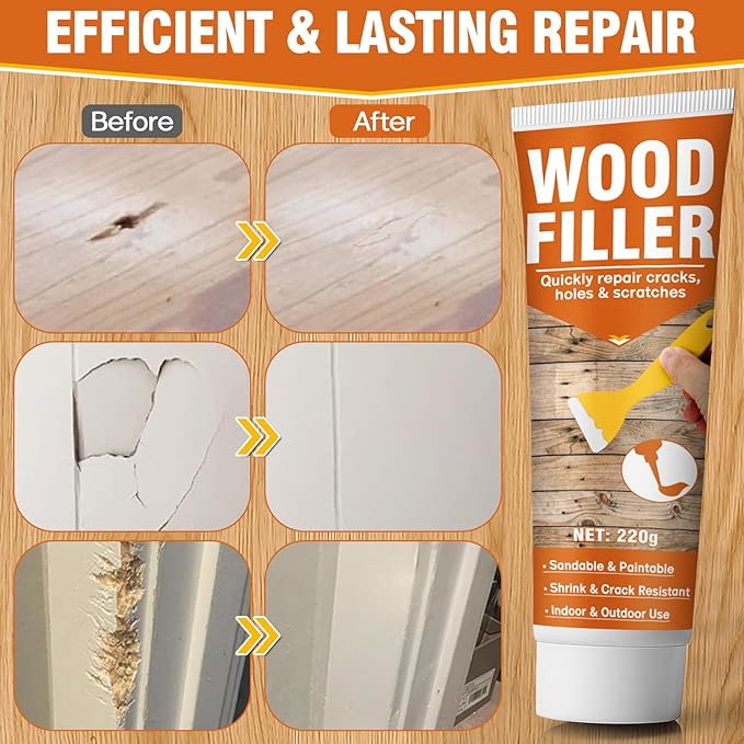 Wood Filler,220g Paintable & Sandable Wood Putty –Low Odor, Shrink & Crack Resistant-Quick Repair for Cracks, Holes and Damage-For Indoor & Outdoor Wood Repair(White)