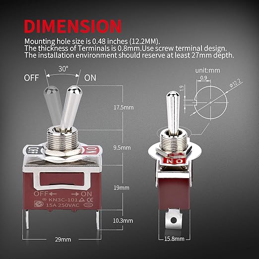DaierTek SPST Waterproof Toggle Switch 12V DC 30A 125VAC 20A Marine Heavy Duty 2 Pin ON Off Spade Terminals for Automotive Car Boat -2 Pack