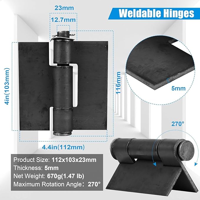 Weld On Hinges Extra Heavy Duty 4.4" x 4" Weldable Metal Butterfly Hinges Solid Steel Welding Butt Hinge Thickness 5mm for Heavy Metal Farm Garage Trailer Gates & Doors - 8 Pcs