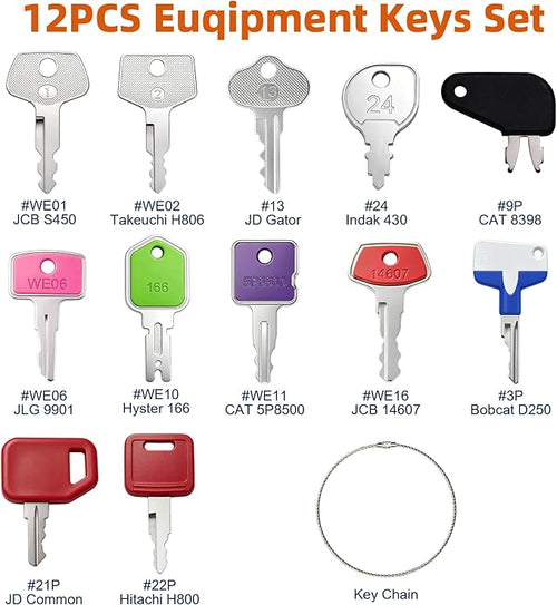 12PCS Heavy Equipment Keys Master Set, Construction & Agricultural Machinery Spare Parts Fit for JCB CAT Takeuchi Indak Hyster Hitachi Excavators Forklifts Tractors Backhoes