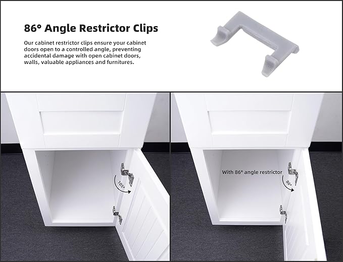 (Decobasics ONLY) Cabinet Restrictor Clips (60 Pack)- 86° Degree Angle Cabinet Door Hinge Restrictor Clip for Soft Close Hinge-90° Opening Kitchen Soft Close Cabinet Hinges Restraints Restriction Clip