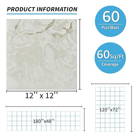 Art3d Peel and Stick Floor Tile, 60-Pack 12 x 12in. Covers 60 Sq.ft, Waterproof Vinyl Flooring Tiles Self Adhesive for Kitchen, Bathroom & Bedroom - White Grey Vein Marble