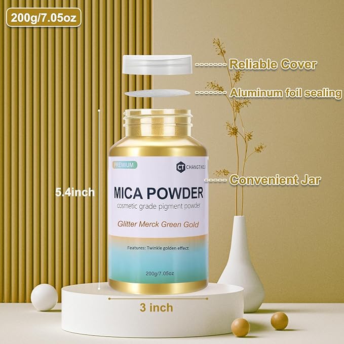 Mica Powder,7.05OZ（200g）,Glitter Merck Green Gold Mica Powder Pigment for Epoxy Resin，Lip Gloss，Car Paint，Dye，Soap Making，Nail Polish,Epoxy Resin,Candle Making,Bath Bombs