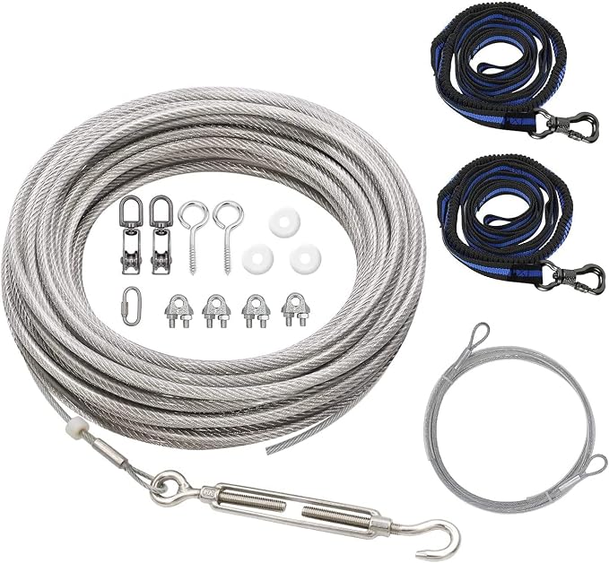 XiaZ 100FT Dog Trolley Runner Cable for 2 Dogs, Tie Out Cable for Small, Medium, Large Dogs up to 200lbs，Pet Lead for Yard, Camping, Outdoor, with 8 Ft Nylon Bungee Runner