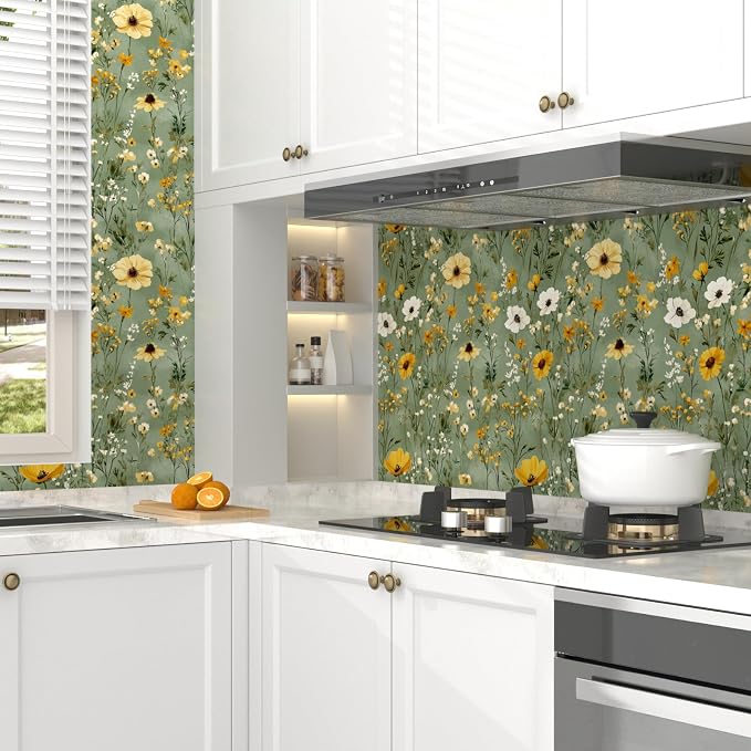 Vintage Green Yellow Daisy Floral Botanical Wallpaper 17.5"x393" | Self Adhesive/Removable/Waterproof/Thick Vinyl Contact Paper for Bathroom Bedroom Shelf Cabinet Drawer,Prepasted,Easy Peel