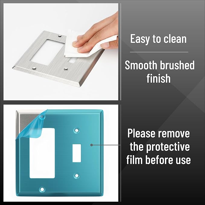 Bates- Combination Wall Plate, Toggle Switch/Decorator, Stainless Steel, Silver, 4.50"x4.57"/Standard Size, 2 Gang Wall Plate