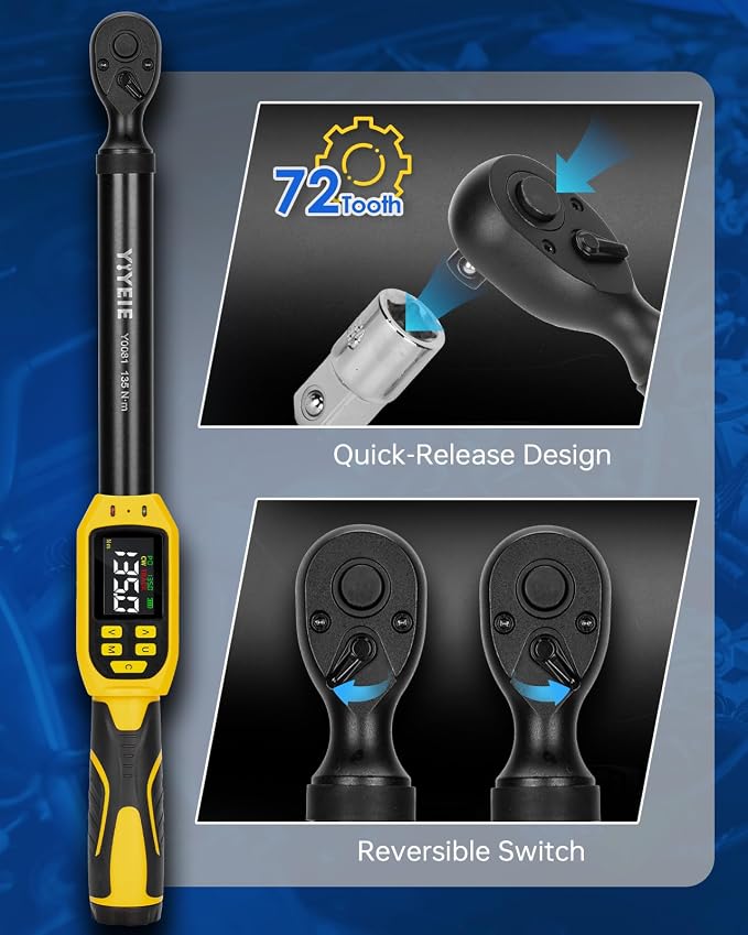 Digital Torque Wrench 3/8" Drive, 5-99.5 Ft-lb/6.7-135 N.m (±1% Accuracy) | Buzzer and LED Alert, Electric Torque Wrench Digital with Adapter, 2 Extension Bars - Reach Tight Space, for Bike/Moto/Auto