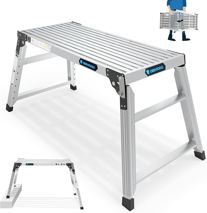 Adjustable Work Platform, 39.4" X 18.5" Portable Folding Aluminum Step Ladder, Scaffolding of Capacity 330 LBS Heavy Duty, 7 Gear Height 24 “-35” (Adjustable, Meet ANSI Standard, SGS-Certified)