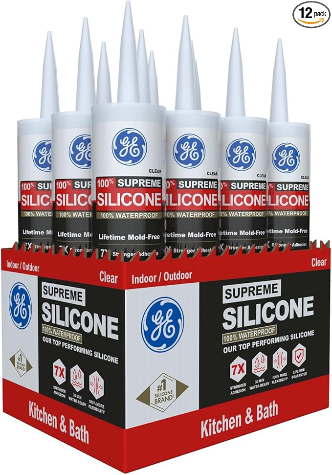 GE Supreme Silicone Caulk for Kitchen & Bathroom, Clear, 10 fl oz Cartridge, 12 Pack - 100% Waterproof Silicone Sealant, 7X Stronger Adhesion, Shrink & Crack Proof
