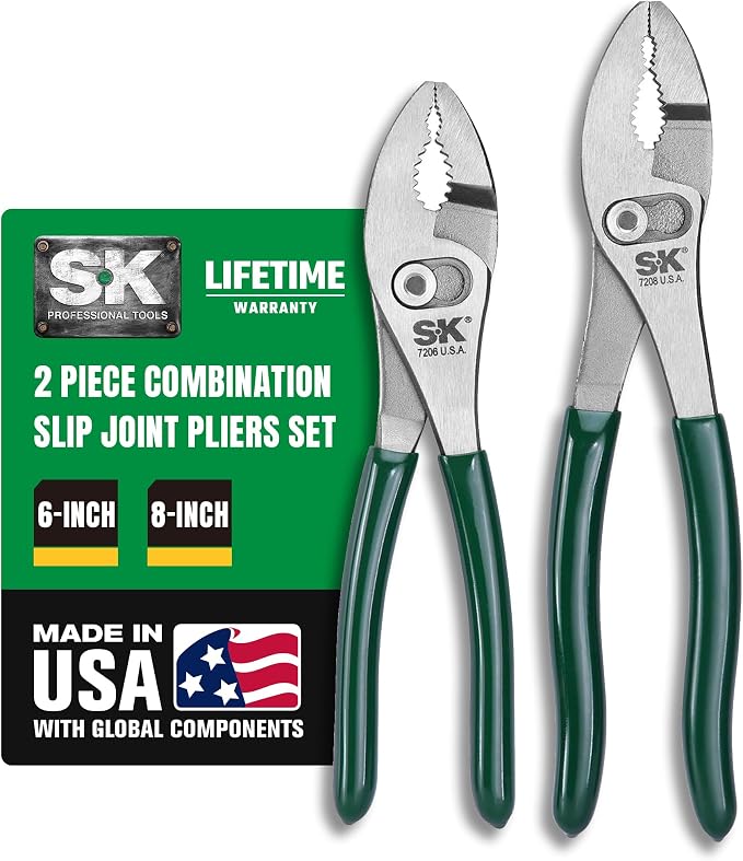 SK Tools USA 2-Piece Pliers Set, 6 & 8'' Slip Joint Pliers, 2-Jaw Position | Premium High Carbon Steel, Angled Teeth, Anti-Slip Padded Handle