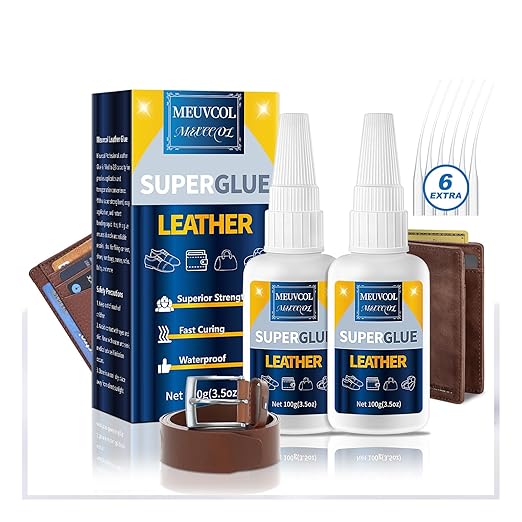Meuvcol Leather Glue 100g, Fast-Setting Leather Repair Adhesive for Purses, Shoes, Car Seats, Suede & Upholstery, Clear-Drying Strong Bond for Leather, Includes 6 Precision Tips