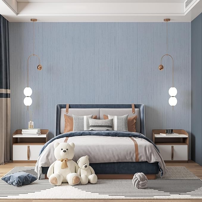 Light Blue Peel and Stick Grasscloth Texture Wallpaper 15.7"x120" Vintage Wallpaper Removable Waterproof