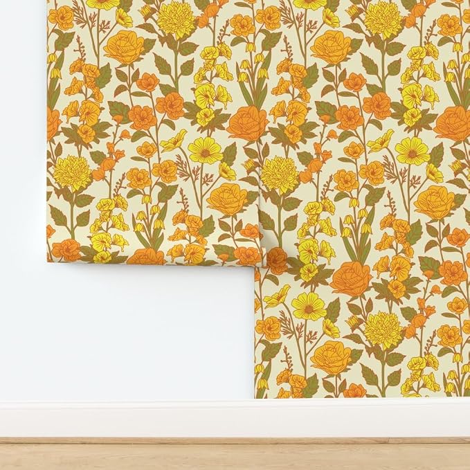 Spoonflower Retro Floral Yellow Peel and Stick Removable Wallpaper | Roll 24" x 144" | Orange Green 1970S Flowers Botanical | Self-adhesive, removable and renter-friendly