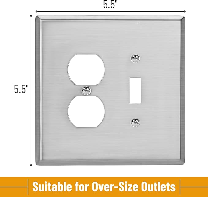 Bates- 2-Gang Combination Wall Plate, 5.5"x 5.5"/Over-Size, Silver, Stainless Steel Toggle Light Switch/Duplex Receptacle Outlet, 2 Gang Wall Plate for Electrical Outlets, Double Outlet Cover Plate