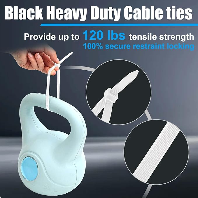 Reallnaive 500 Pcs 8 Inch Zip Ties Heavy Duty 120 Lbs Tensile Strength White Nylon Wire Cable Ties Bulk for Indoor Outdoor