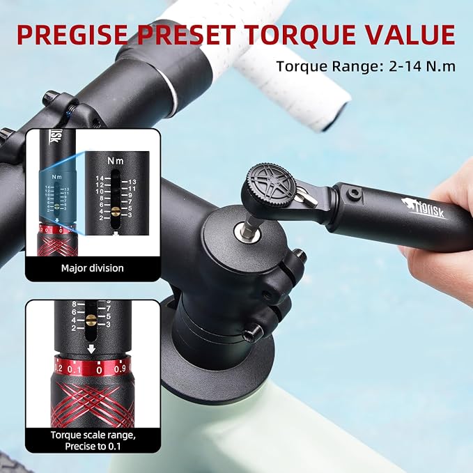 Tigrisk® 1/4 Drive Bike Torque Wrench, Preset Torque 2-14Nm, ±4% Precision | Individually calibrated with unique certificate. 0.1Nm adjustment, click stop, Hex/Torx bits for road, MTB and carbon bikes.