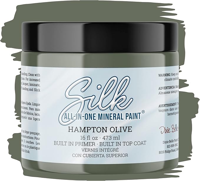 Dixie Belle Silk All-in-One Mineral Paint - Hampton Olive (16oz) - Olive Green Water Based Built-In Primer + Topcoat for Wood + Metal - Durable Furniture Paint - Low Reflective Finish