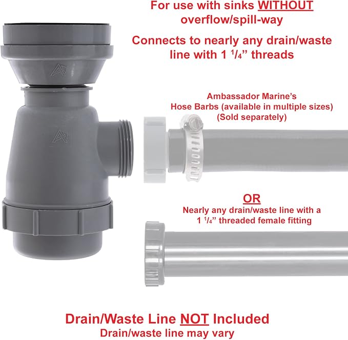 Ambassador Marine - 2 inch Drain, Trap Sink Drain, 1-1/4 inch-M Thread, w/Strainer, w/Chain Stopper - Brushed Finish - S00-1116-BP-W