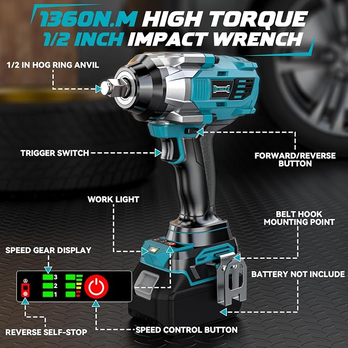 DIYtoolifz Cordless Impact Wrench 1/2 inch for Makita 18V Battery, 1000Ft-lbs Brushless Electric Power Impact Driver Gun Tool, 2100RPM High Torque Impact Wrench with LED Work Light (Tool Only)