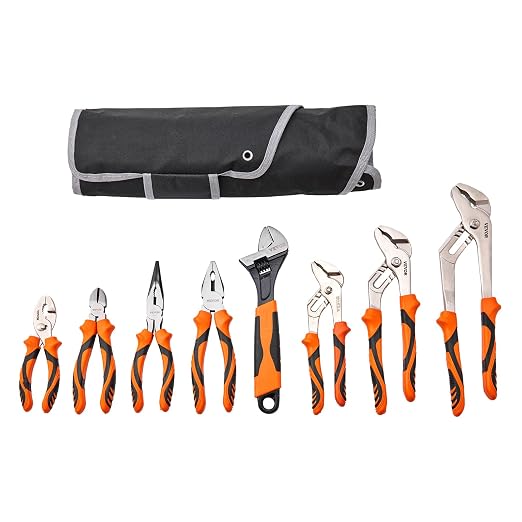 VEVOR 8-Piece Pliers Set with Tool Roll, High Carbon Steel-12"/10"/8" Groove Joint -8"Linesman's -6" Slip Joint Pliers-8" Long Nose Pliers-6" Diagonal Cutter-10" Adjustable Wrench