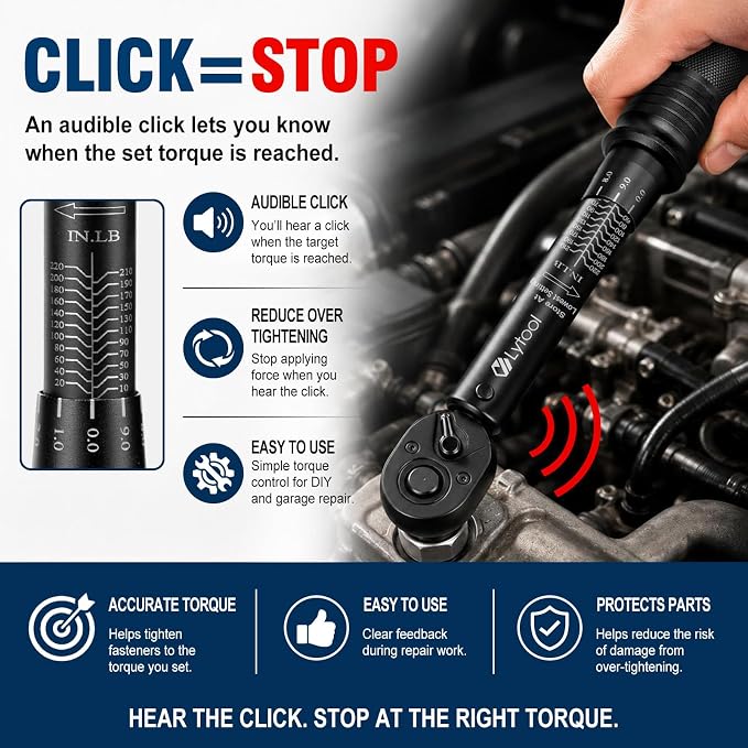 3 Pcs Torque Wrench Set (1/4", 3/8", 1/2" Drive Click Type, ±3%) | 72-tooth dual scale covers 10-220 in-lb & 5-170 ft-lb. Ideal for bike, motorcycle & auto repair