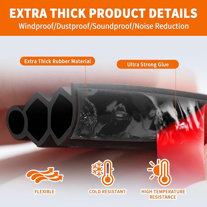 40 Feet Self-Adhesive Rubber Weather Stripping Fits Big Gaps, Extra Thick Rubber Door Weather Stripping Door Seal Strip for Door Frame Door Insulation Strip Waterproof(Black)