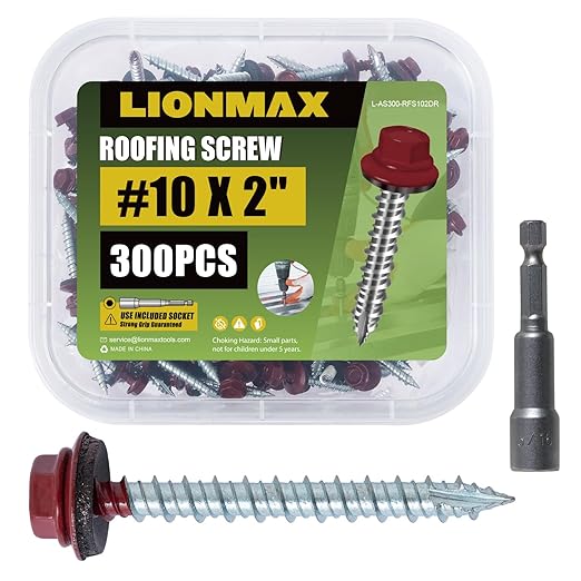 LIONMAX Metal Roofing Screws #10 × 2 Inch, 300-PCS, Dark Red Painted Hex Head Sheet Metal Roof Screws, Rubber Washer, Sharp Point, Metal to Wood Siding Screws, Hex Socket Included
