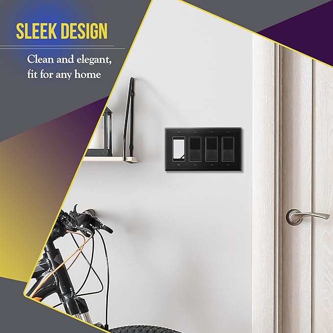 ENERLITES Quadruple Decorator Switch Cover, Four Outlet Wall Plate, Glossy Finish, Mid-Size 4-Gang 4.88" x 8.58", Unbreakable Polycarbonate Thermoplastic, UL Listed, 8834M-BK, Black
