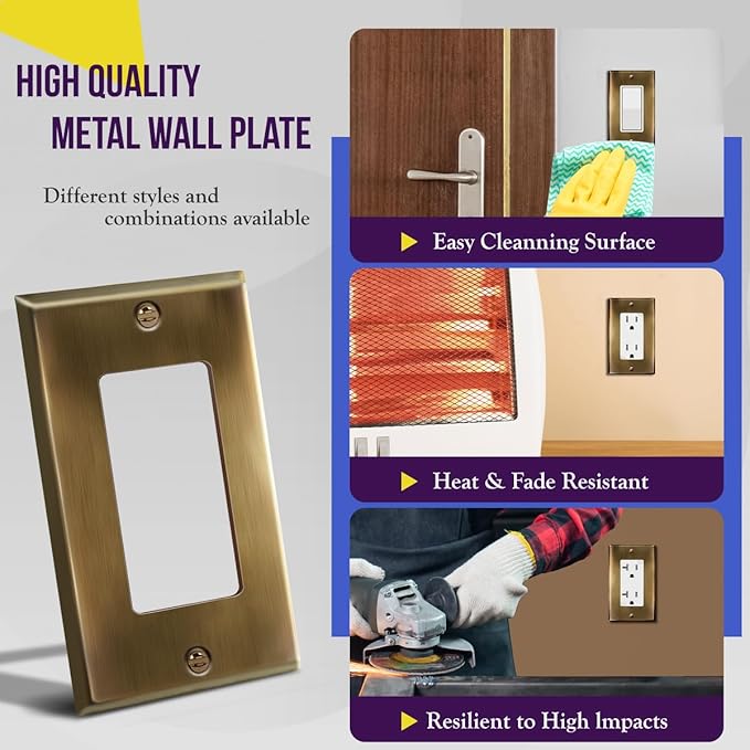 ENERLITES Decorator Switch or Outlet Metal Wall Plate, Stainless Steel 201, Outlet Cover, Corrosion Resistant, Size 1-Gang 4.50" x 2.76", 7731-AB, Antique Brass