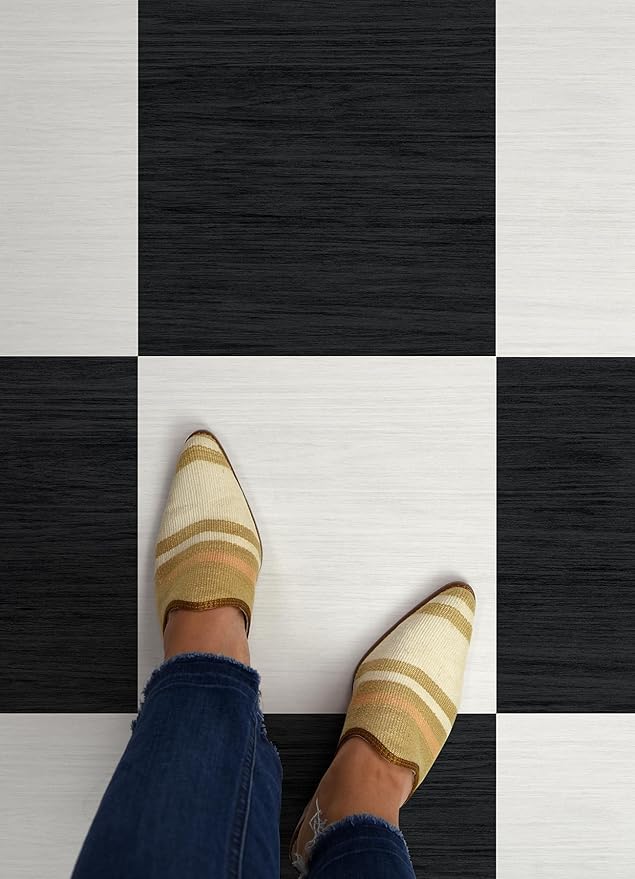 FloorPops x Chris Loves Julia 12-in by 12-in Lawrence Black Peel and Stick Floor Tiles, FP5059