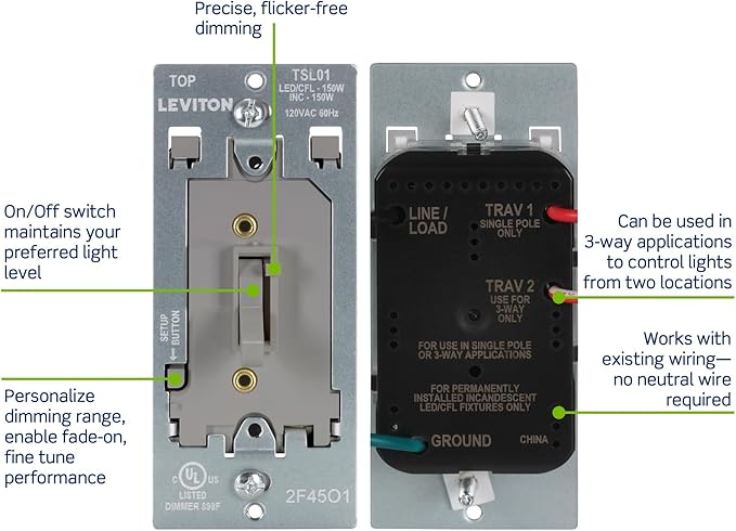 Leviton Toggle Slide LED Advanced Dimmer Switch for 150W Dimmable LED, Halogen and Incandescent Bulbs and Fixtures, TSL01-10G, Gray