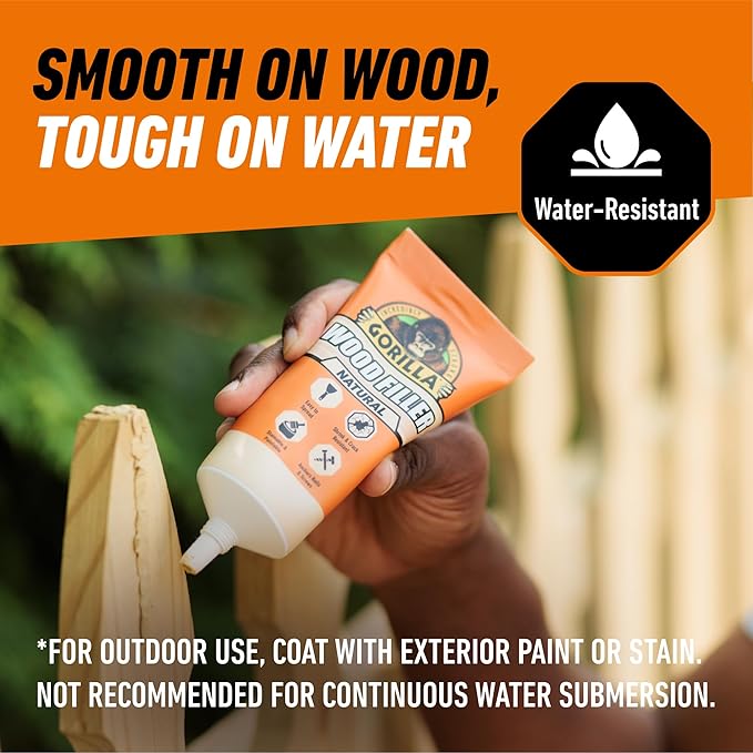 Gorilla All Purpose Wood Filler, Natural Color, 6 Ounce Tube (Pack of 6) - Water Resistant for Indoor or Outdoor Projects and Repairs