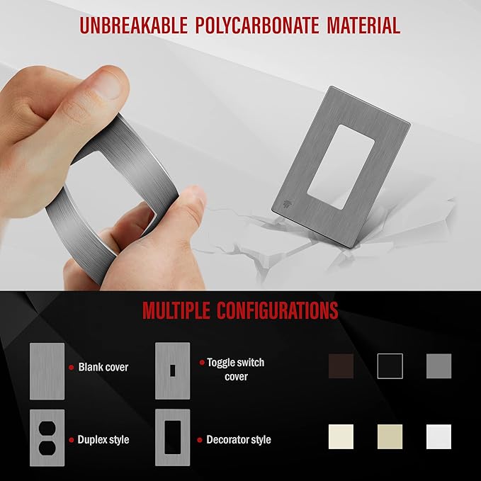 ENERLITES Decorator Light Switch or Receptacle Wall Plate, Screwless Wall Plate, Standard Size, 1-Gang 4.68" x 2.93", Polycarbonate Thermoplastic, UL Listed, SI8831-BGY-10PCS, Brushed Gray, 10 pack
