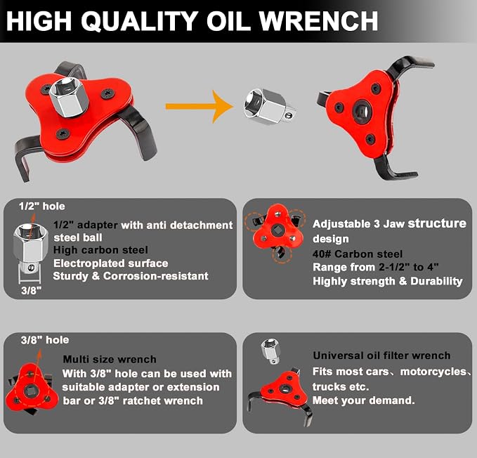 Oil Filter Wrench Set, Adjustable Oil Filter Pliers Set (6Pcs) | Universal Oil Filter Removal Tool 1-1/4" - 8-1/2", Adjustable 3-Jaw Oil Filter Wrench, Small Snap-On Oil Funnel