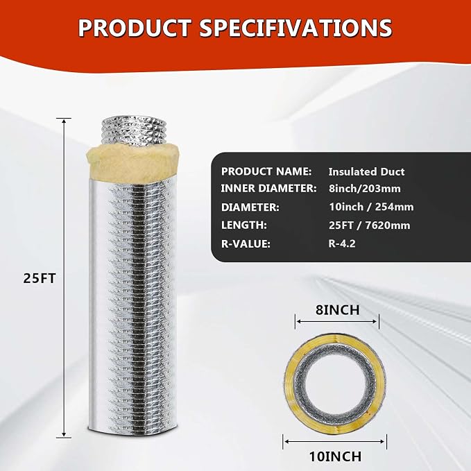 8 Inch 25 Feet R4.2 Insulated Flexible Duct | High-Efficiency Thermal Insulation | Suitable for Heating & Cooling