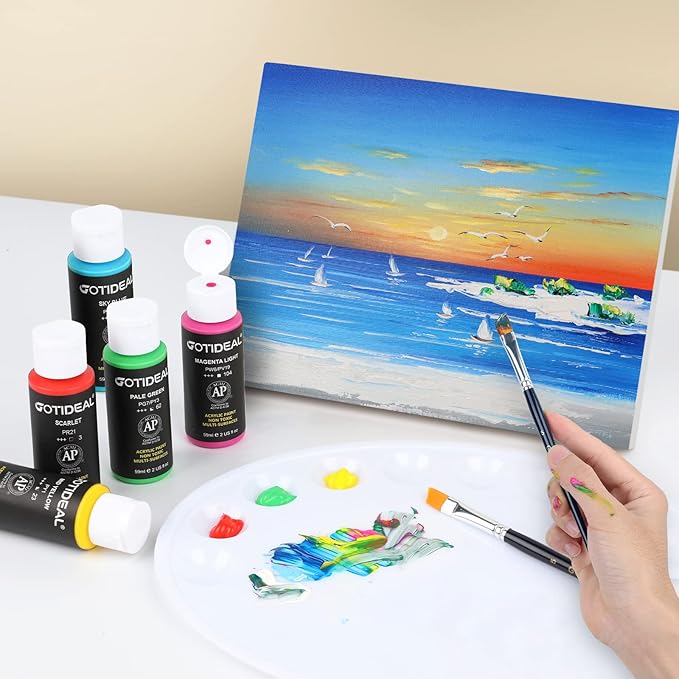 GOTIDEAL Acrylic Paint Set with 10 Brushes, 18 Colors Outdoor/Indoor (59ml, 2 oz) Art Craft Paint Non Toxic, Perfect for Hobby, Artist, Adults, Ideal for Canvas Wood Clay Ceramic Paint Supplies
