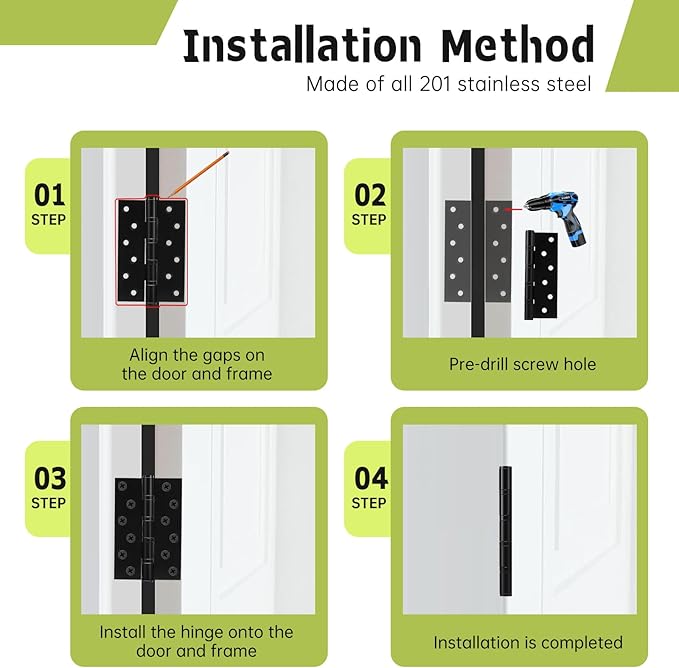 3 Pack Black Door Hinges 6 Inches Ball Bearing Hinges Heavy Duty Stainless Steel Hinge with Screws, Square Corner, Smooth and Quiet