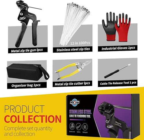 106PCS Heavy Duty 304 Stainless Steel Cable Tie Gun Kit, Includes 100PCS 11.8 Inch Metal Zip Ties, Self-Locking, UV & Corrosion Resistant, for Fence, Exhaust Pipe, Chicken Coop, Farm Use