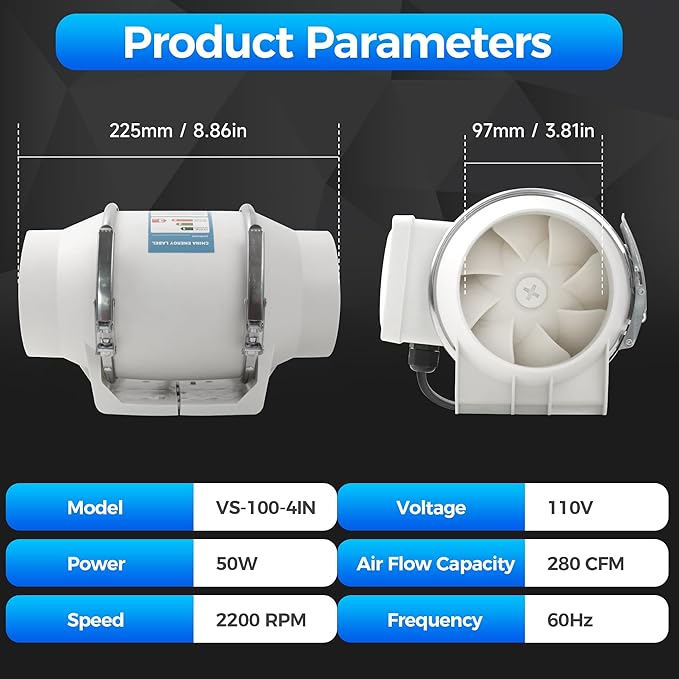 Voltset 4" Inch Inline Exhaust Fan with Remote Control, 280 CFM High Efficiency Air Flow for Bathroom, Kitchen, Grow Tent, Hydroponics, 3D Printer