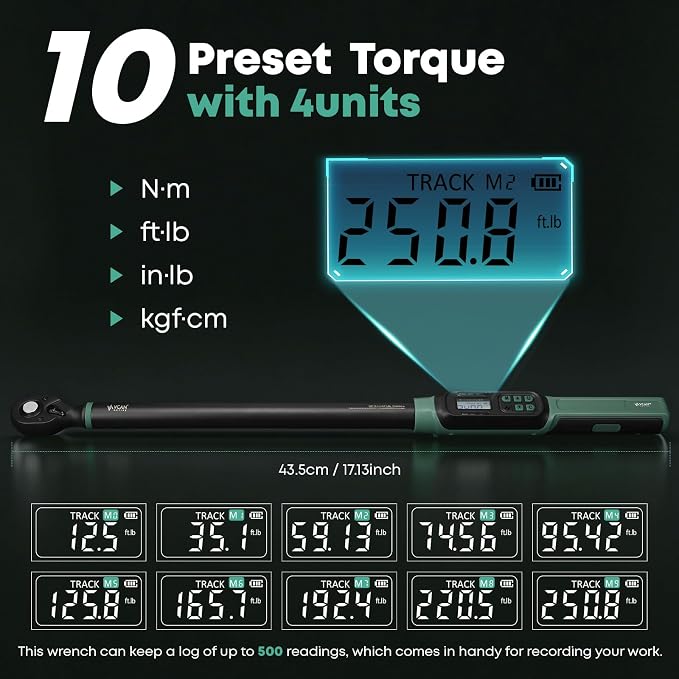 26-inch Heavy Duty 1/2 Torque Wrench Digital (12.5-250.7 Ft-lbs)±2% High accuracy Digital Torque Wrench 1/2 Drive with Buzzer&Colorful LED Indicator for Car &Trucks Tire Repaird&large machinery Repair