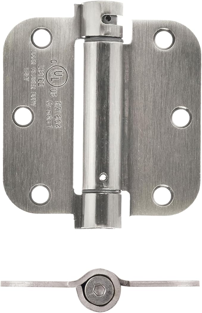 Amazon Basics Self-Closing Door Hinge, 3.5 Inch x 3.5 Inch, 5/8-Inch Radius, Satin Nickel, 1-Piece, Hardware Included