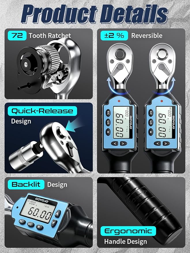 GOYOJO 1/2 Inch Digital Torque Wrench 7.37-73.76 ft-lb/10-100Nm High-Precision Professional Tool for Auto Repair, Motorcycle Maintenance, and DIY Projects ±2% Accuracy